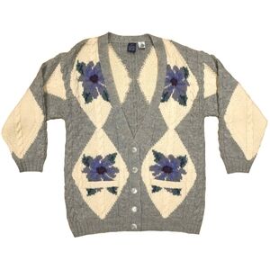 Vintage‎ Oversized Virgin Wool Floral Argyle Cardigan Sweater
